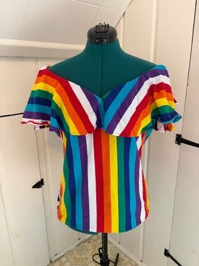 NWOT Unique Vintage 1950s Rainbow Stripe Off Shoulder Plus Size Pride Top